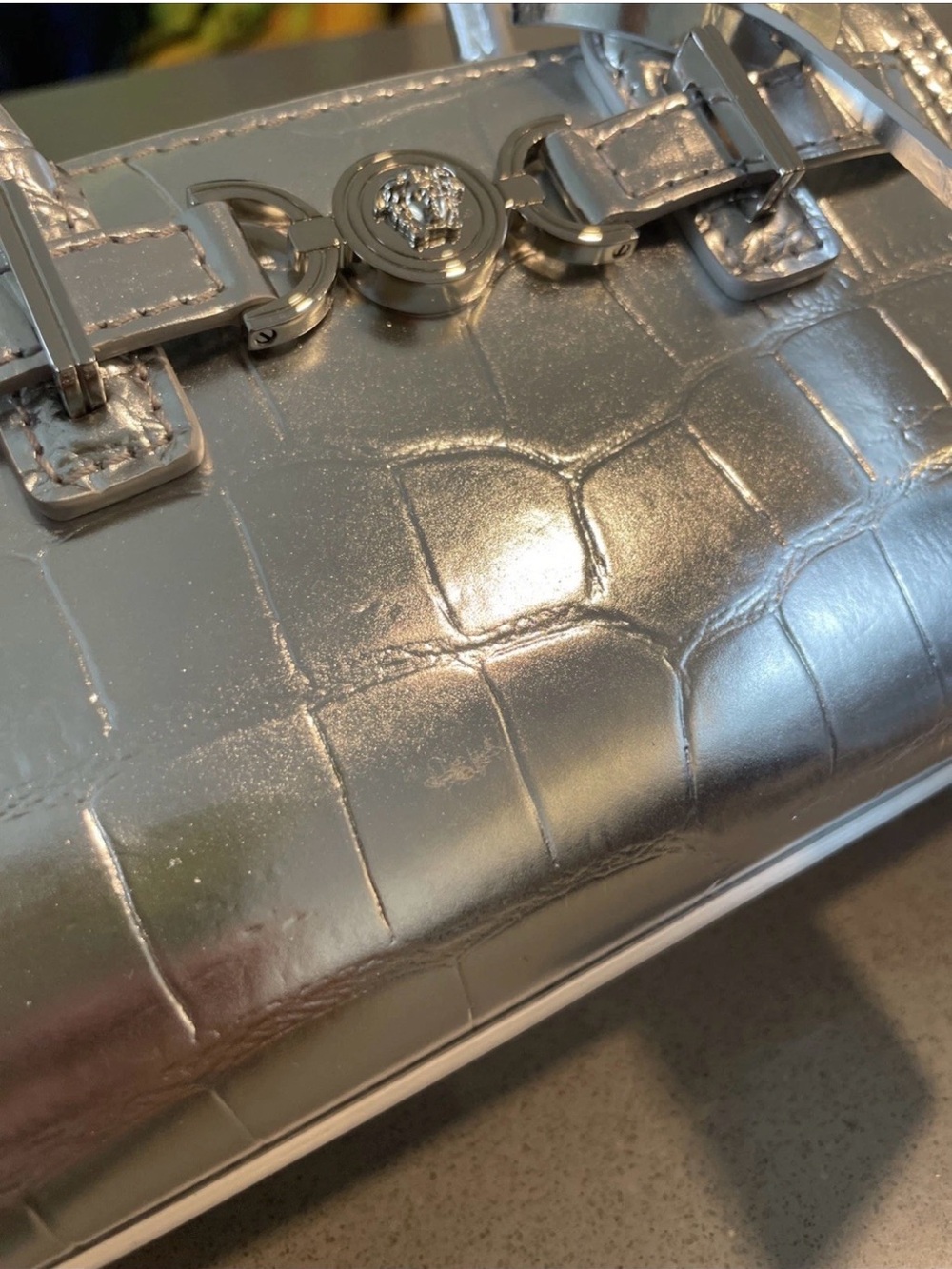 Versace Silver Croc-Embossed Mini Tote with Detachable Strap - Picture 16 of 16